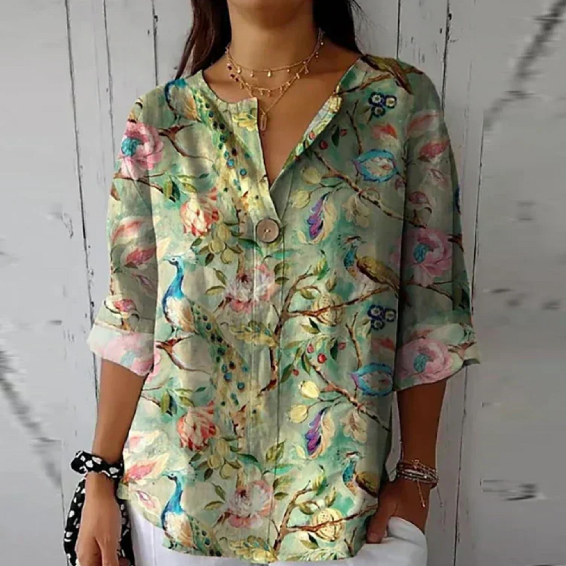 Bloemenprint blouse dames blauw-roze-rood - elegante vrouwelijke zomerblouse