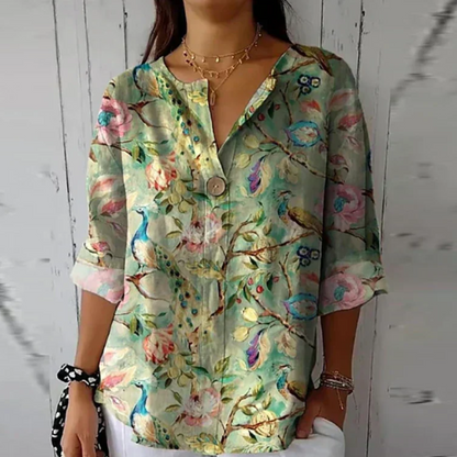 Bloemenprint blouse dames blauw-roze-rood - elegante vrouwelijke zomerblouse