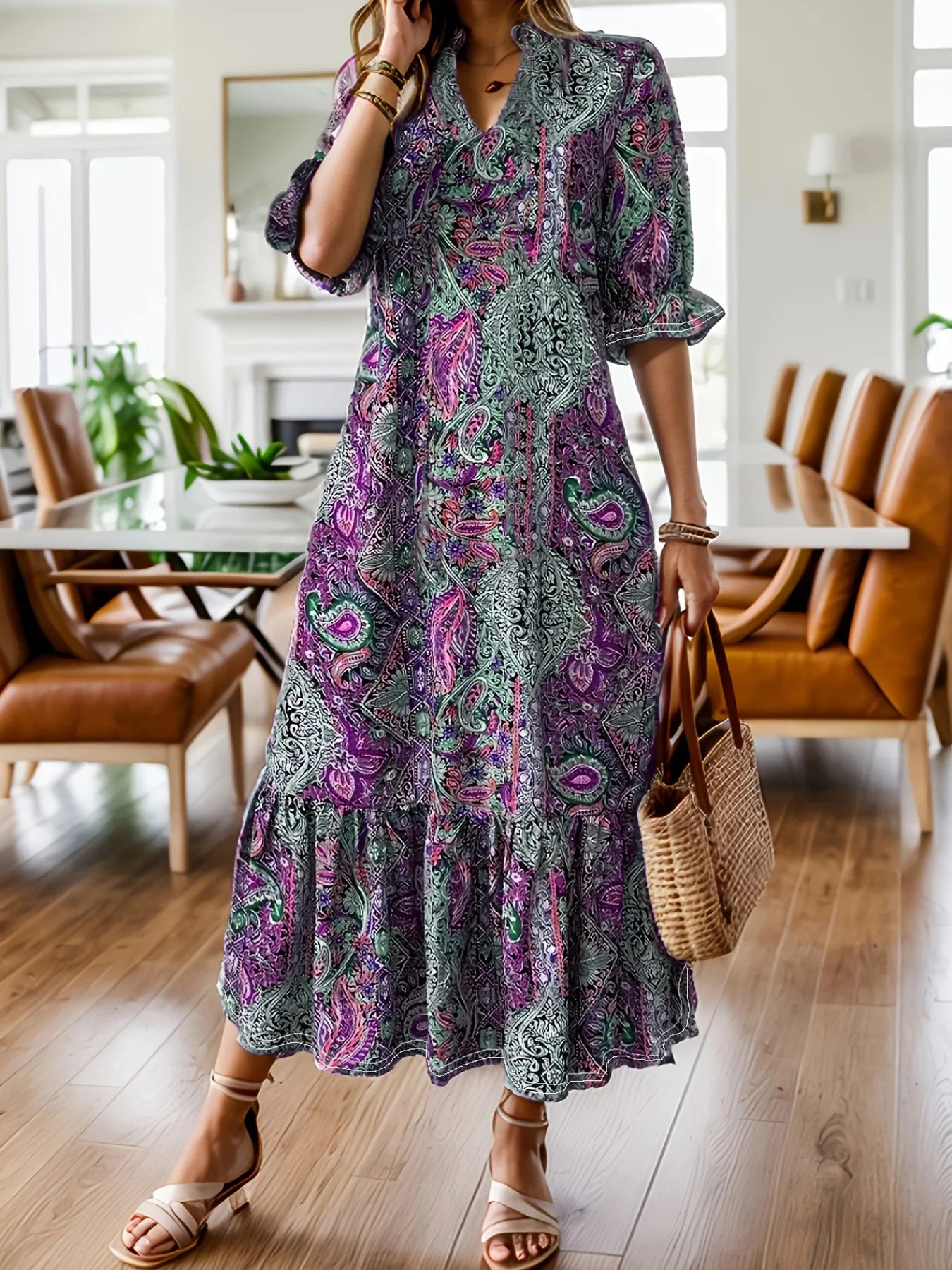 Midi-jurk dames met paisleyprint in Paars