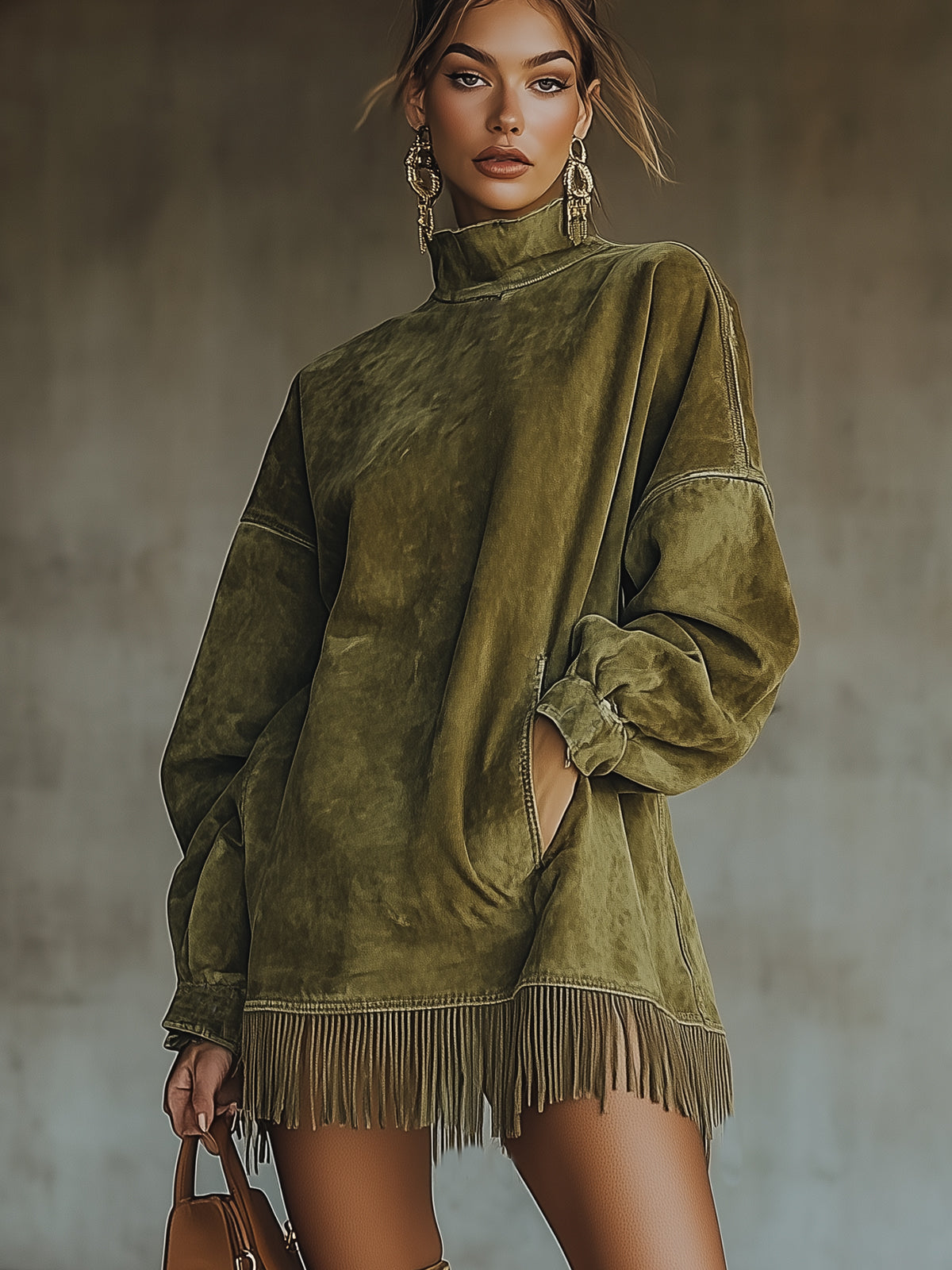 Oversized jurk met suèdelook en franjezoom - detailfoto