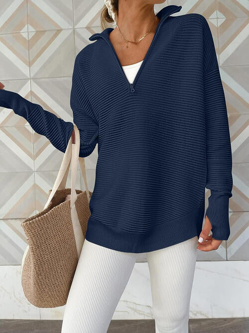 Halfzip trui dames in ribbreisel - detailfoto