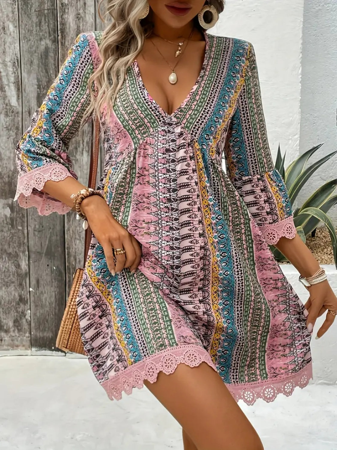 Jurk dames met kantrand en boho print - detailfoto