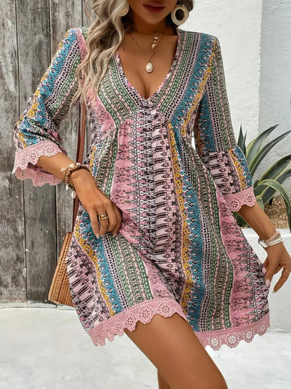 Jurk dames met kantrand en boho print - detailfoto