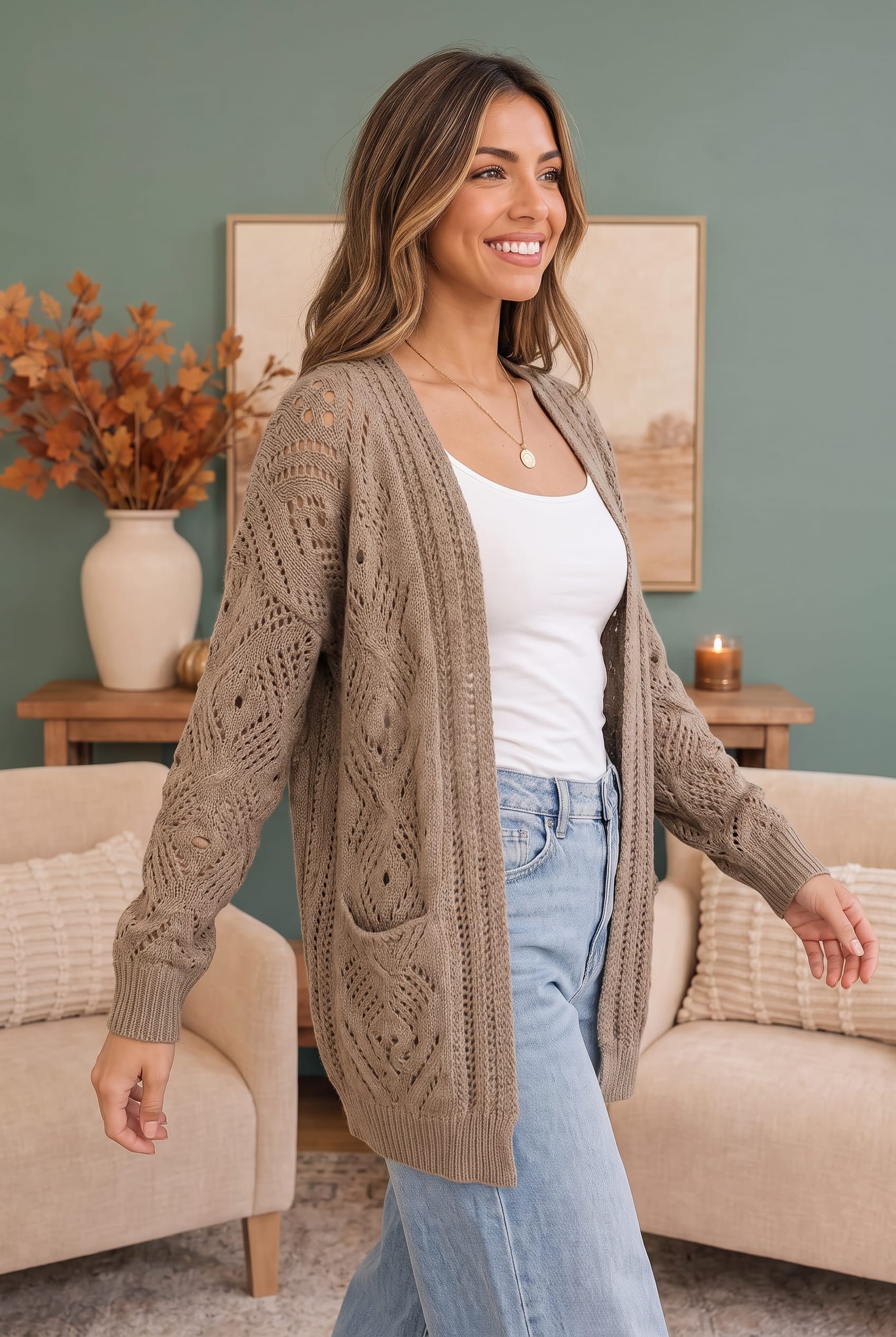Lang vest dames met ajourbreisel - detailfoto