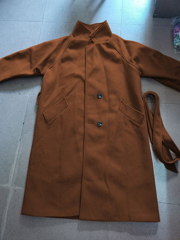Lange jas dames met ceintuur, revers en paspelzakken - caramel