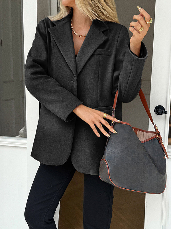 Damesblazer in wollook met revers en twee kleppenzakken - zwart