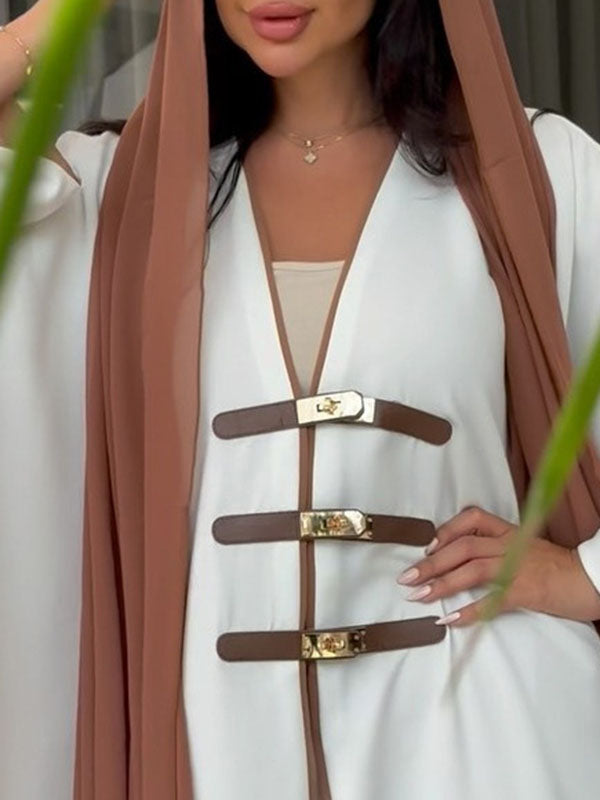 Enkellange open damesabaya met contrastbies en goudkleurige sluitingen
