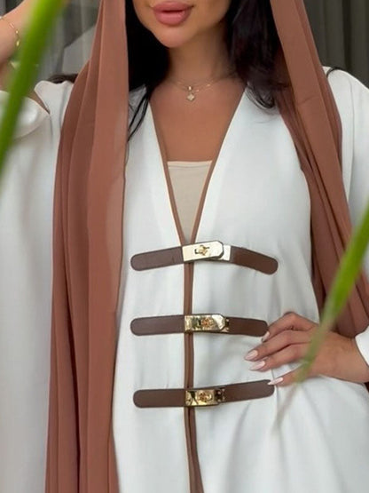 Enkellange open damesabaya met contrastbies en goudkleurige sluitingen