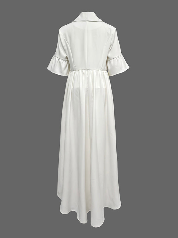Witte lange damesblouse met volant op de taille en wijde halve mouwen
