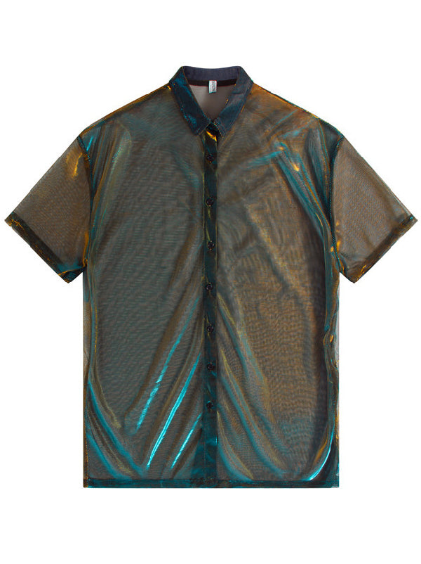 Ruimvallende doorschijnende damesblouse met glanzende finish en korte mouwen