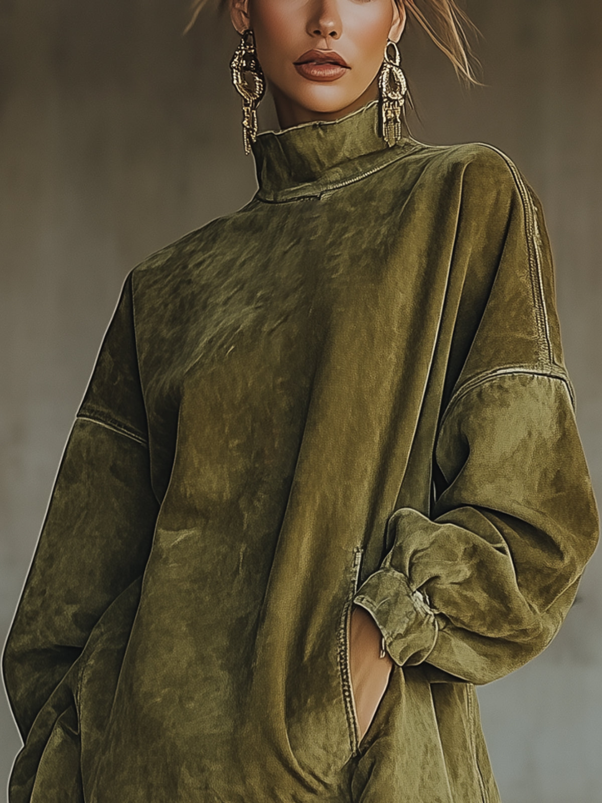 Oversized jurk met suèdelook en franjezoom - detailfoto