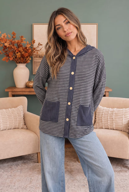 Gestreepte hoodie dames met knopen - detailfoto