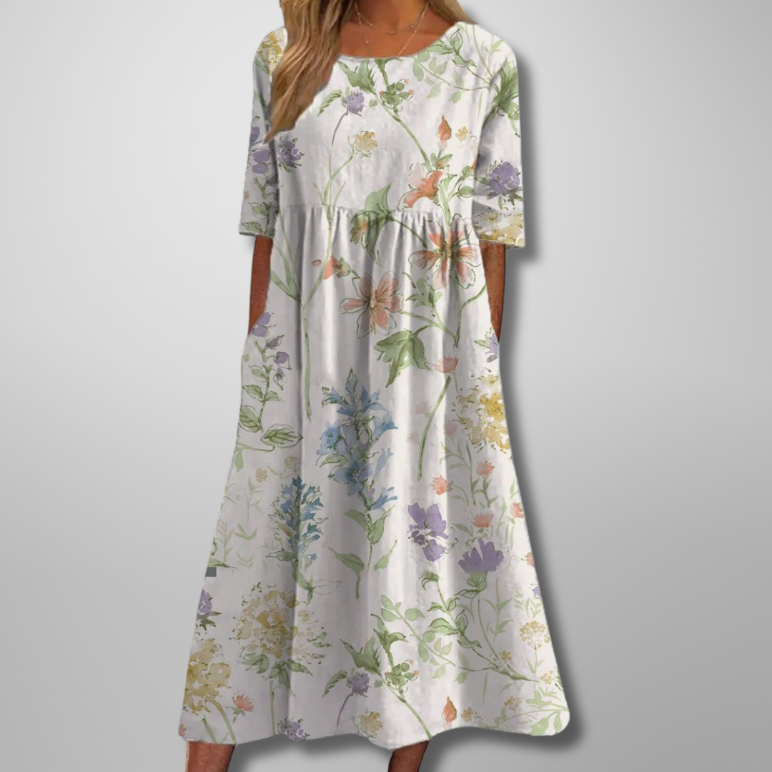 Relaxte midi jurk dames met bloemenprint - vrouwelijke comfortabele zomerjurk