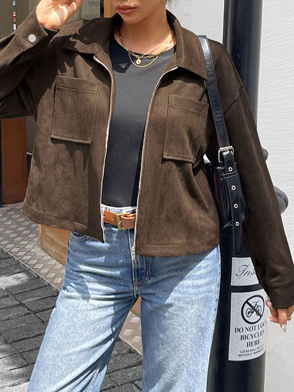Chocoladebruin damesjack in suède look met overhemdkraag en rits