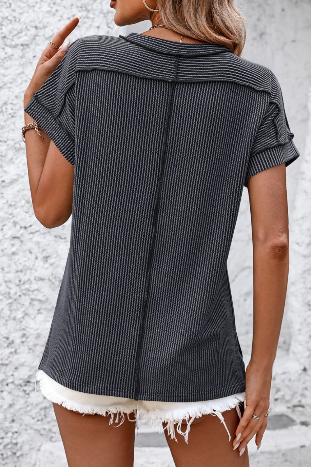 Ribshirt dames met korte mouw - detailfoto