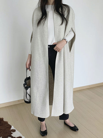 Mouwloze lange cape dames met ronde hals en open voorkant - beige