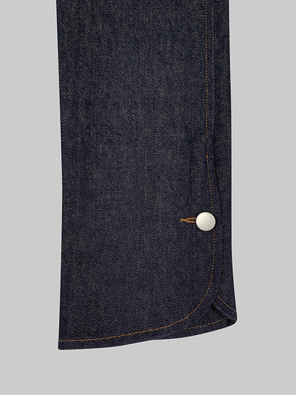 Getailleerde indigo denim damesblazer met lichtgrijze contrastvlakken