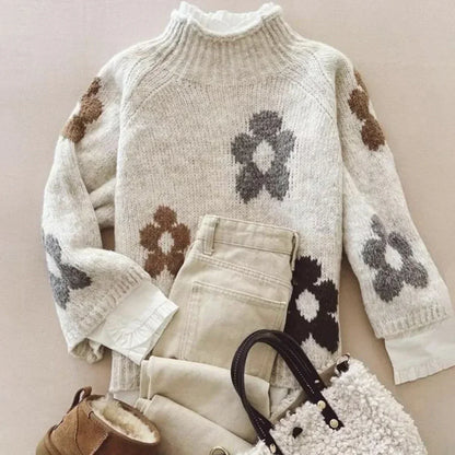 Gebreide trui met bloemenpatroon – Zachte warme wintertrui met vintage look
