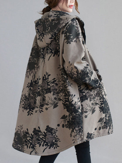 Grijs damesjack met capuchon en donkere bloemenprint
