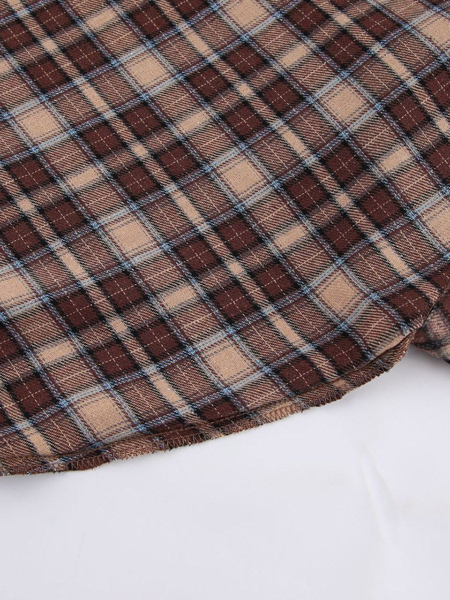 Oversized bruin geruit overshirt met contrastkraag en borstzakken