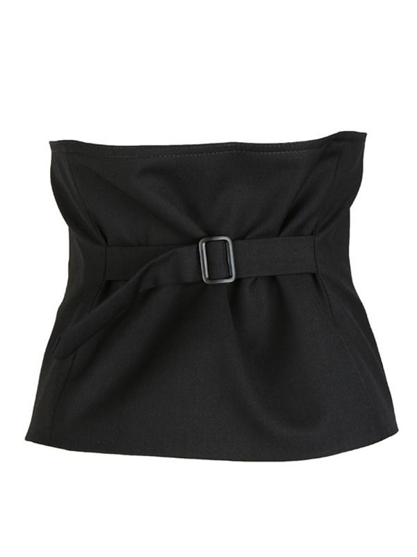 Strapless zwart cropped damesgilet met knoopsluiting en riem op de rug