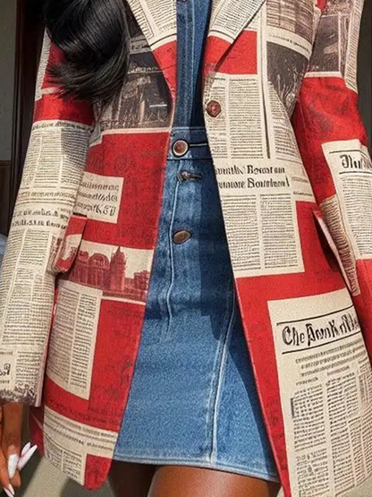 Damesblazer met krantenkolommen in rood en crème