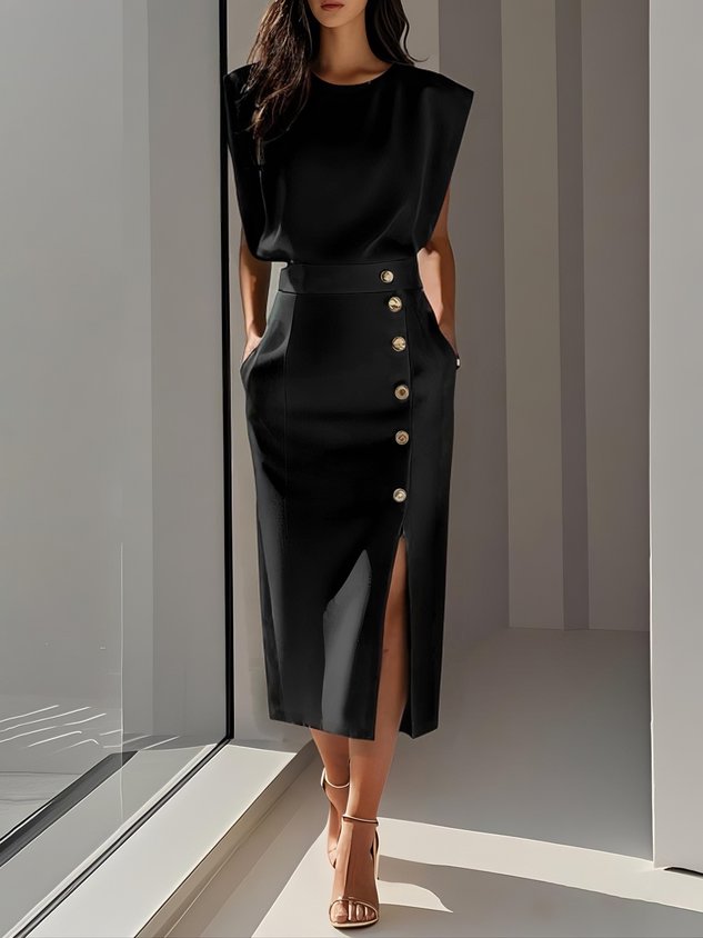 Midi jurk dames zwart met knopendetail - strakke chique pasvorm