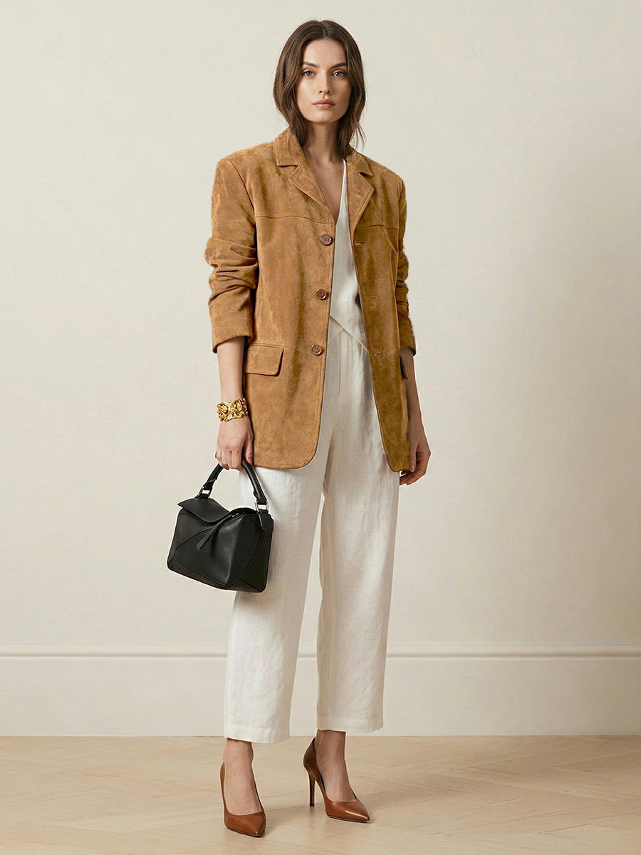 Cognackleurige damesblazer in suède look met revers en kleppenzakken