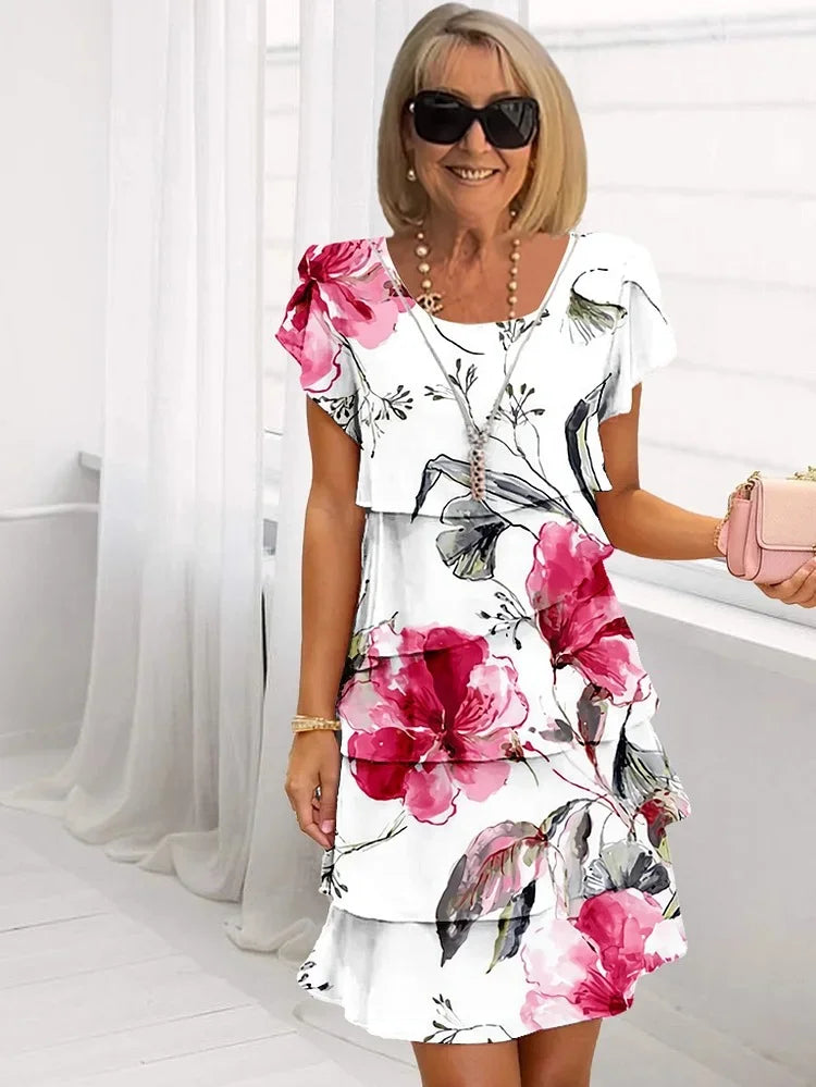 Geplooide bloemen jurk dames wit - Mia romantische jurk met ruches