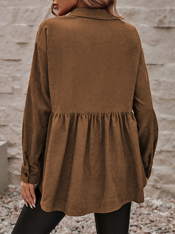 Tabaksbruin corduroy overshirt met peplum en borstzakken