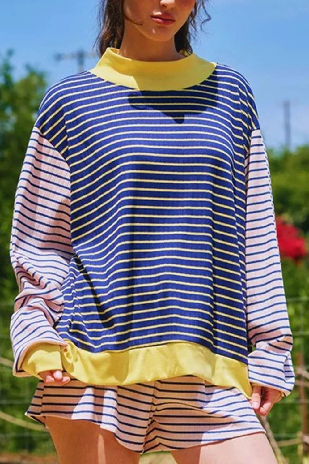 Tweedelige set dames met gestreepte trui in Blauw gestreept