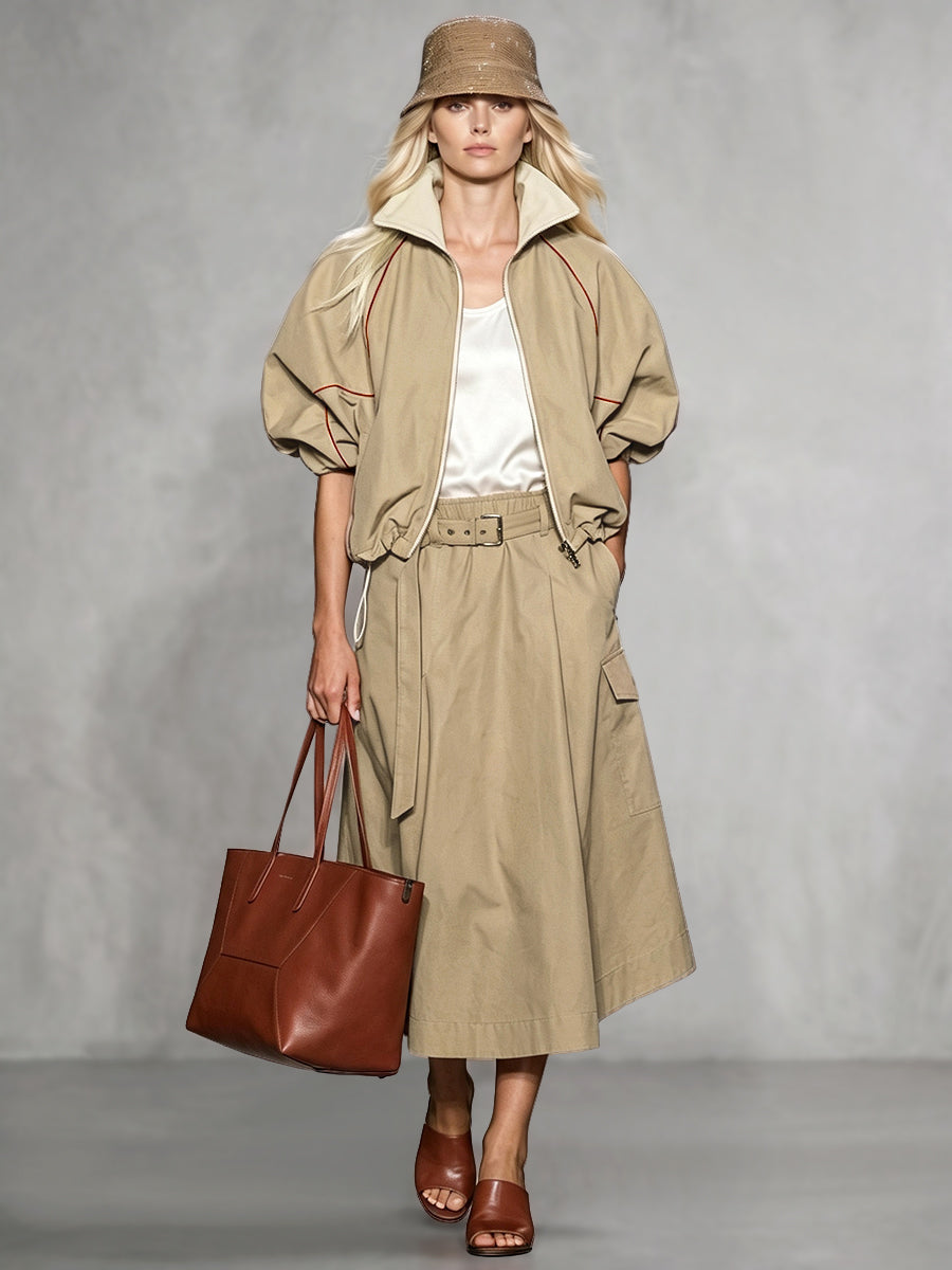 Khaki jack dames met roestkleurige bies en pofmouwen