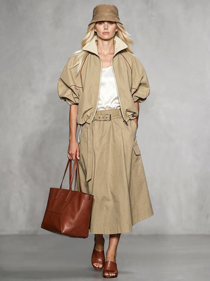 Khaki jack dames met roestkleurige bies en pofmouwen