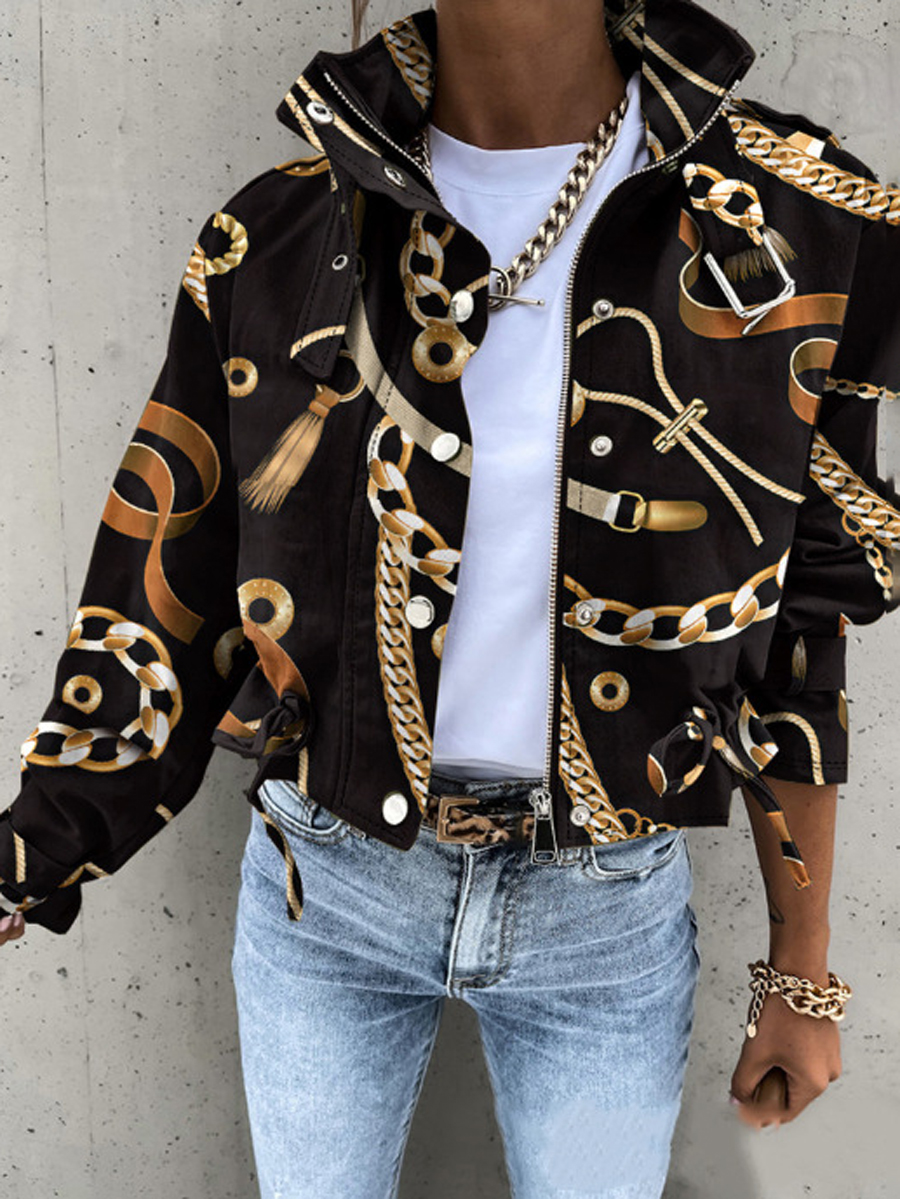 Cropped damesjack met opstaande kraag, borstzakken en trekkoord in de zoom - kettingprint