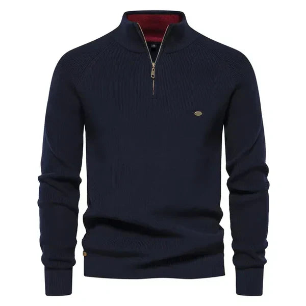 Gebreide herentrui met korte rits in Marineblauw