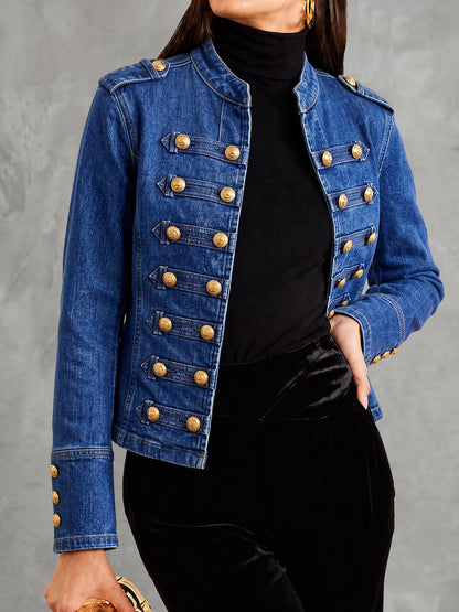 Kort spijkerjack dames militair met twee rijen goudkleurige knopen - denimblauw