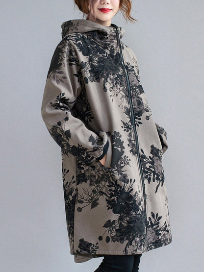 Grijs damesjack met capuchon en donkere bloemenprint