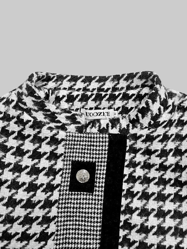 Cropped zwart-wit pied de poule damesjack met opstaande kraag
