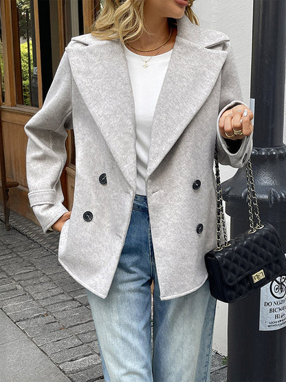 Lichtgrijs cropped damesjack in wollook met brede revers - lichtgrijs