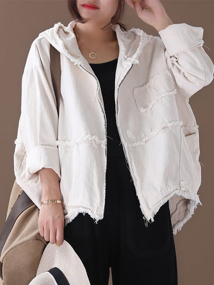 Oversized jack dames van gewassen katoen met capuchon en rafelnaden