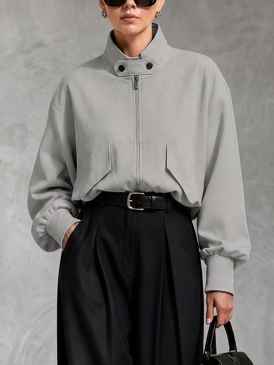 Oversized grijs damesjack met hoge opstaande kraag en rits