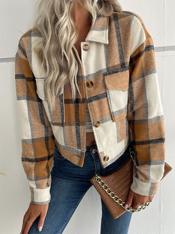 Geruit cropped jack dames met puntkraag en twee kleppenzakken