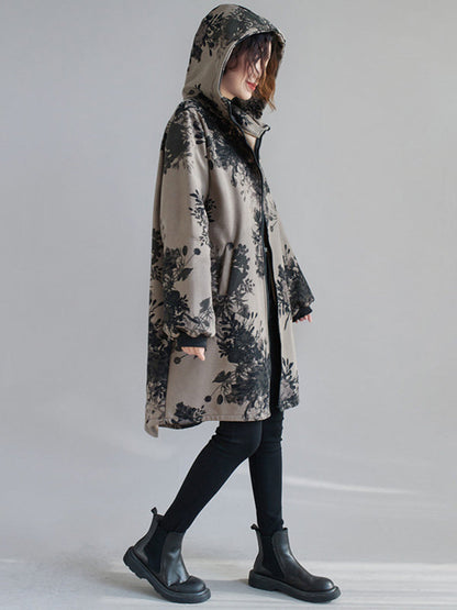 Grijs damesjack met capuchon en donkere bloemenprint