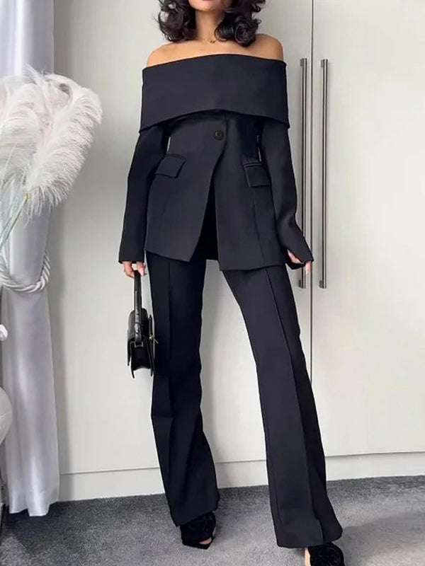 Zwarte off-shoulder blazer dames met omgeslagen halslijn