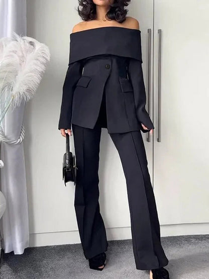 Zwarte off-shoulder blazer dames met omgeslagen halslijn