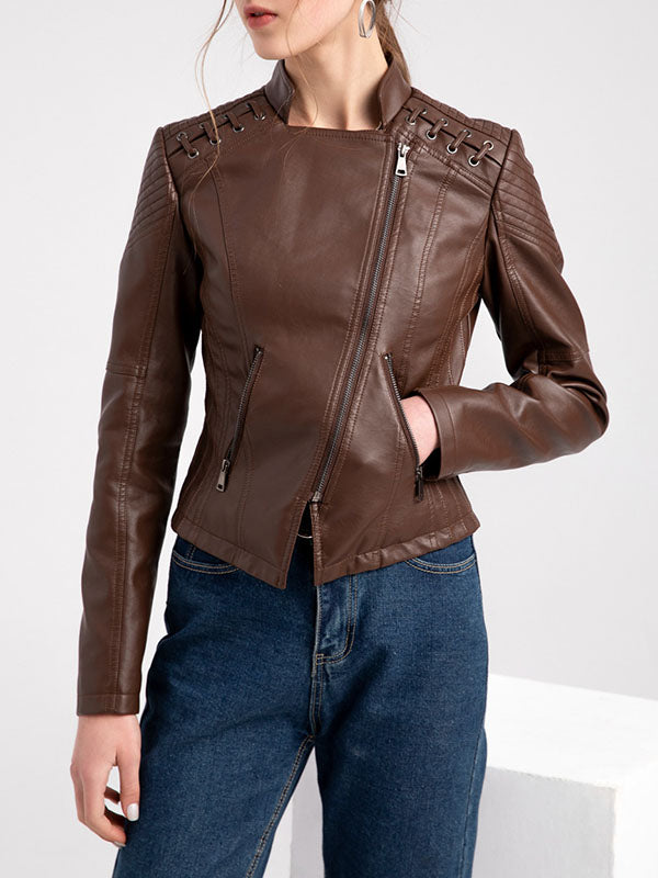 Imitatieleren bikerjack dames met rijgwerk over de schouders