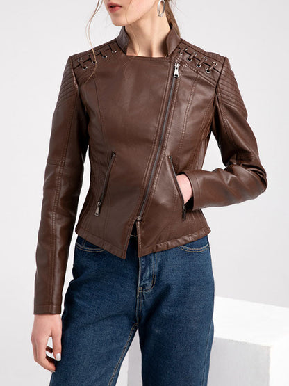 Imitatieleren bikerjack dames met rijgwerk over de schouders