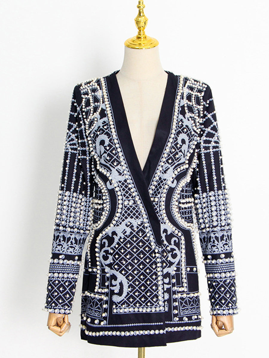 Kralenblazer dames met diepe V-hals en open voorkant