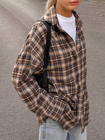Oversized bruin geruit overshirt met contrastkraag en borstzakken