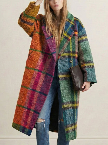Geruite lange jas dames in heldere multicolor ruit - multicolor ruit